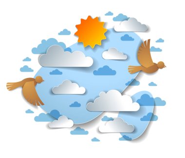 Gökyüzünde uçan kuşlar güzel bulutlar ve güneş, yaz bulutları, kağıt üzerindeki vektör illüstrasyonları çocukların tarzını kesiyor..