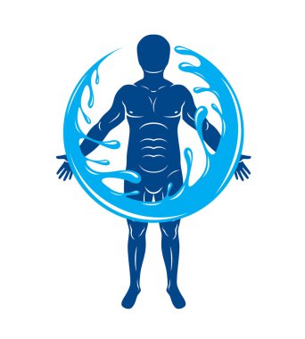 Güçlü erkek, su topu tarafından çevrili vücut siluet vektör grafik resmini. Doğa ile uyum içinde yaşayan. 