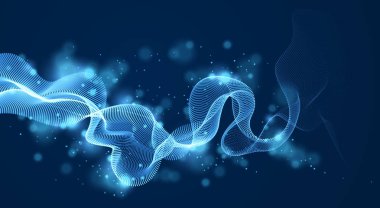 Karanlık arkaplanda akan parçacık dizisi, dinamik ses dalgası. 3d vektör illüstrasyonu. Parlak parlak noktalar, güzel rahatlatıcı duvar kağıdı çizimleri..