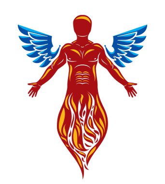 Vector graphic illustration of strong male, body silhouette created with bird wings. Reborn from flame idea. clipart