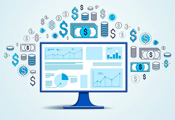 Monitor Komputerowy Statystyki Infografiki Zestaw Ikon Biznes Online Elektroniczny Finanse — Wektor stockowy