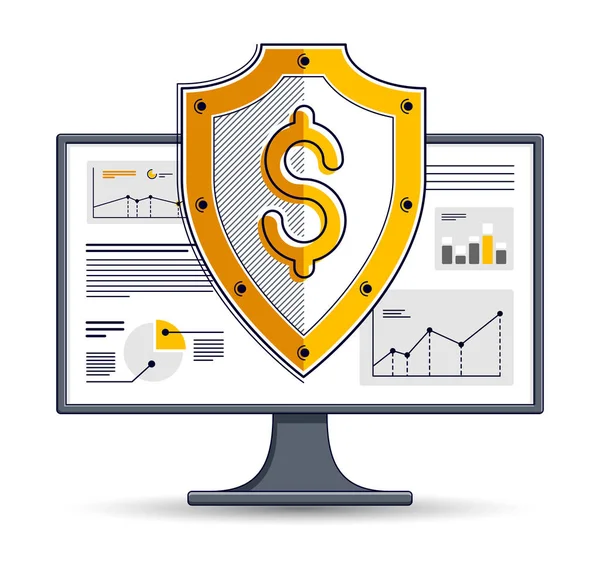 Escudo Sobre Monitor Computadora Concepto Seguridad Financiera Internet Protección Finanzas — Vector de stock