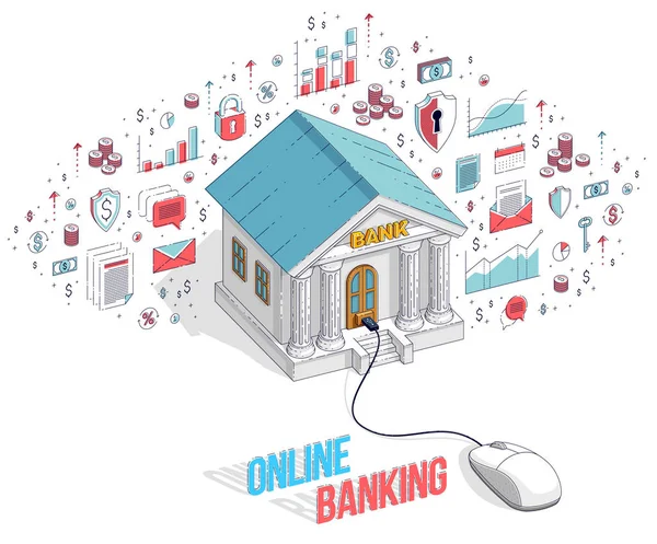 オンライン銀行の概念は 銀行のコンピューターのマウスを接続している建物は 白い背景の上分離 等角投影の ベクトルのアイコン 統計グラフのデザイン要素と図を金融します — ストックベクタ