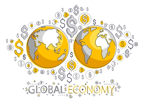 Concetto Economia Globale Pianeta Terra Con Set Icone Dollaro Business — Vettoriale Stock