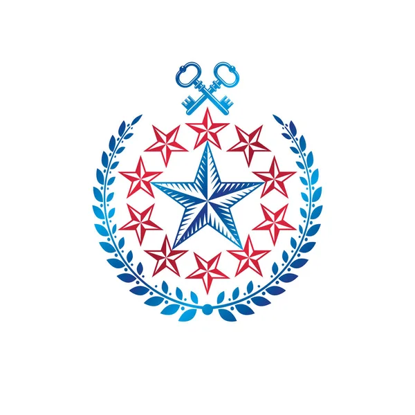 Antiga Estrela Pentagonal Emblema Decorado Com Chaves Coroa Louros Tema —  Vetores de Stock