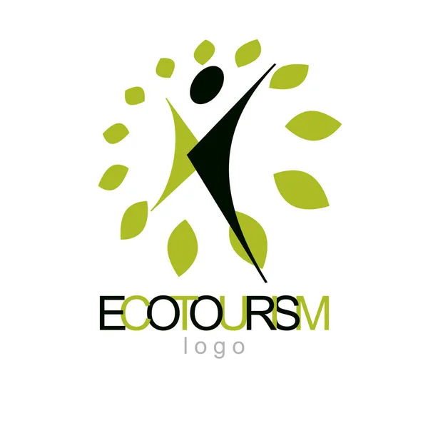 Ilustracja Wektorowa Szczęśliwego Człowieka Streszczenie Dochodzących Ekoturystyka Pojęciowy Logo Logotyp — Wektor stockowy