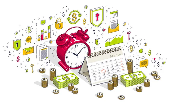 Conceito Prazo Tabela Alarme Relógio Calendário Com Dinheiro Dinheiro Pilhas — Vetor de Stock