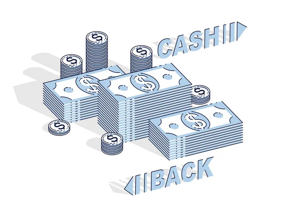 Cash Back Koncepció Cash Money Dollár Halom Centes Érmék Cölöpök — Stock Vector