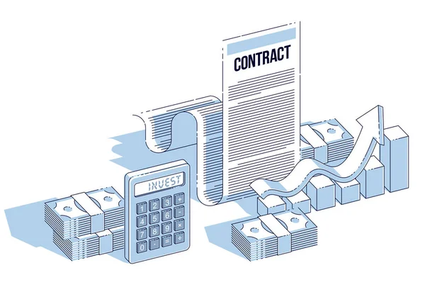 Concept Contrat Financier Document Papier Pile Argent Comptant Avec Calculatrice — Image vectorielle