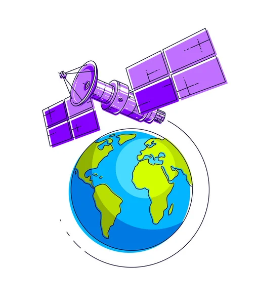 Vol Orbital Par Satellite Autour Terre Station Spatiale Technologie Communication — Image vectorielle