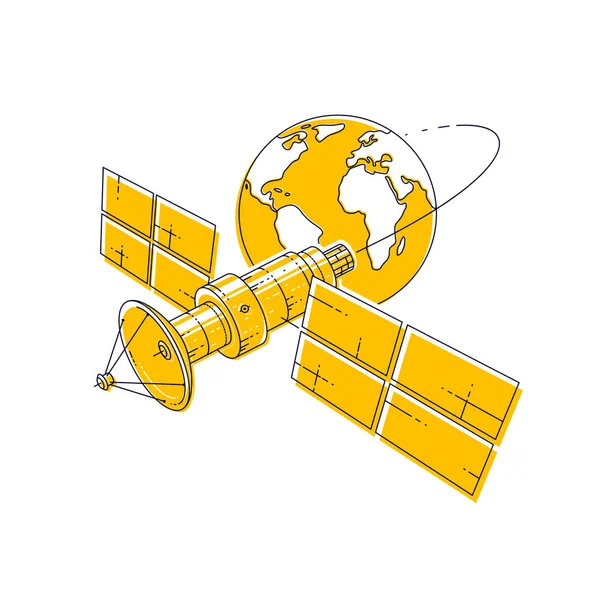 Satelita Latający Orbitalny Lot Wokół Ziemi Technologia Komunikacji Kosmicznej Stacji — Wektor stockowy