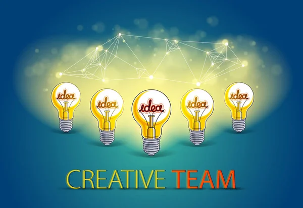 Концепція Творчої Команди Група Яти Блискучих Лампочок Представляє Ідею Творчих — стоковий вектор