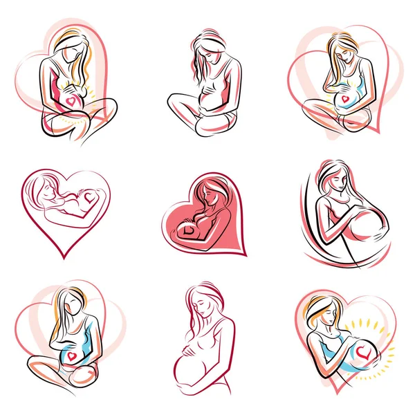 Sammlung Handgezeichneter Vektor Illustrationen Schwangerer Eleganter Frau Die Ein Baby — Stockvektor