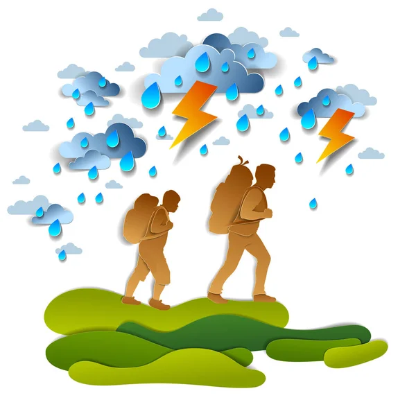 Wanderer Vater Und Teenagersohn Beim Gehen Durch Gewitter Und Regen — Stockvektor