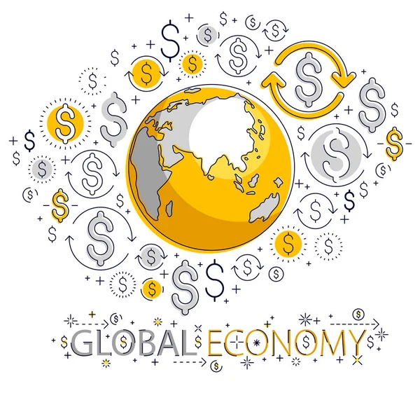 Concepto Negocio Global Planeta Tierra Con Conjunto Iconos Dólar Economía — Vector de stock