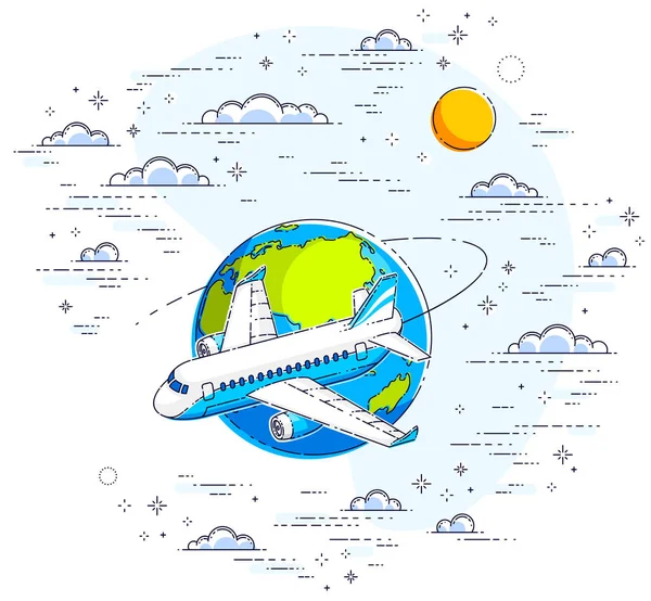 雲に囲まれた空の地球の惑星と飛行機の旅客機 航空会社の航空旅行のイラスト 白い背景の上に隔離された美しい細い線ベクトル — ストックベクタ