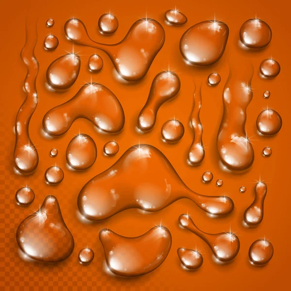 水またはジュース セット ベクトル リアルな 要素コレクション 透明な露凝縮滴透明度チェッカー メッシュ オレンジ色の背景上に置く覚悟が値下がりしました — ストックベクタ