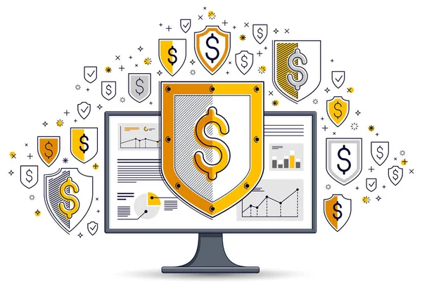 Escudo Sobre Monitor Computador Dólar Conjunto Ícones Conceito Segurança Financeira — Vetor de Stock