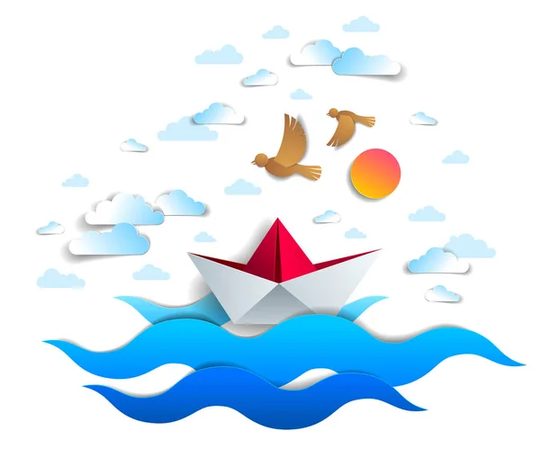 Barco Papel Nadando Olas Marinas Origami Plegado Juguete Barco Flotando — Vector de stock