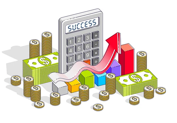 商业成功和收入增长的概念 计算器 图表与箭头和现金货币堆栈和硬币隔离在白色的背景 等位3D 矢量业务和财务示意图 — 图库矢量图片