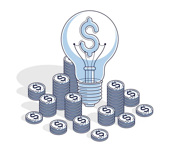 Business Creative Idea Concept Light Bulb Cash Money Stack Coins — Stock Vector