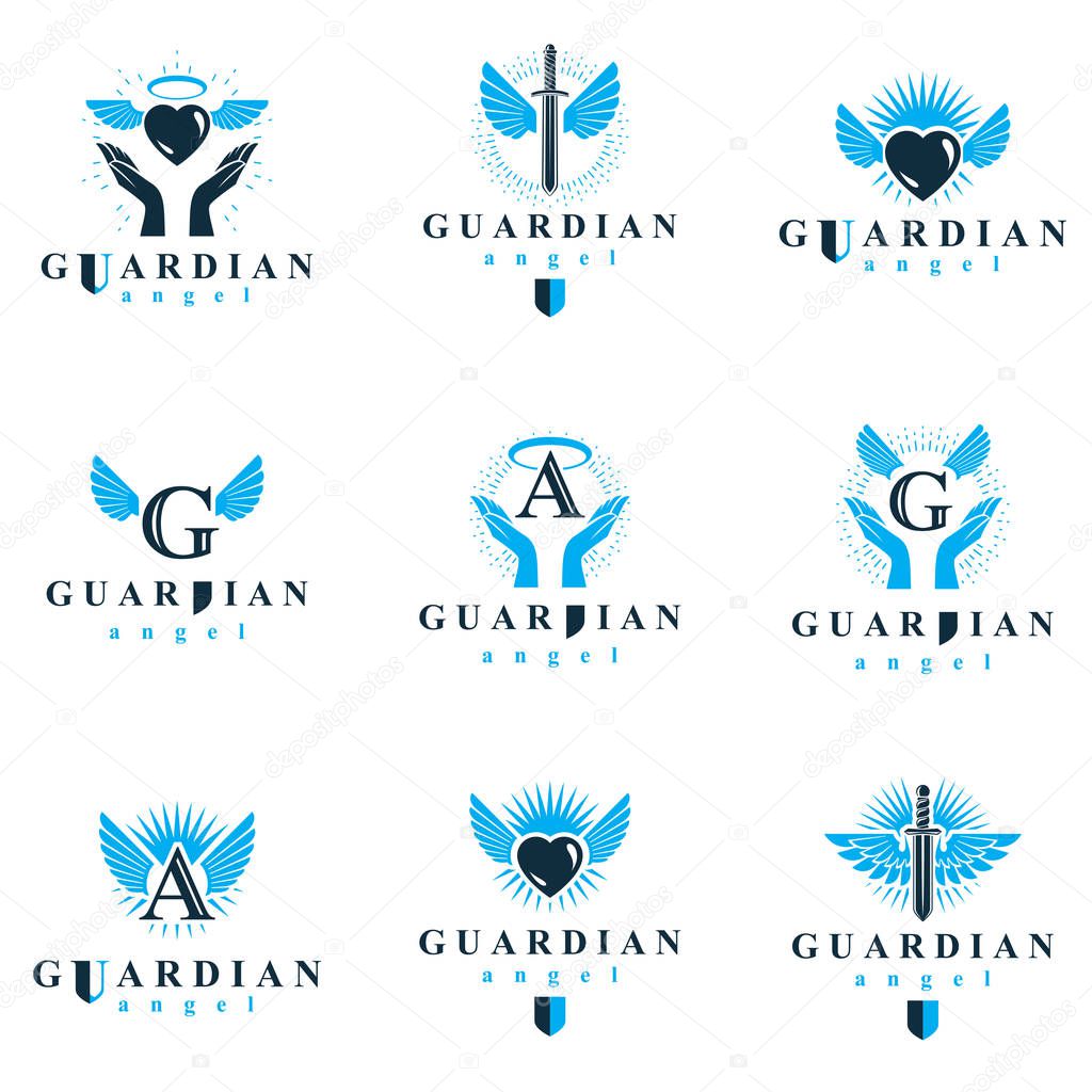 Holy spirit graphic vector logotypes collection, can be used in charity and catechesis organizations. Vector emblems created using battle swords, loving hearts and guardian shields.