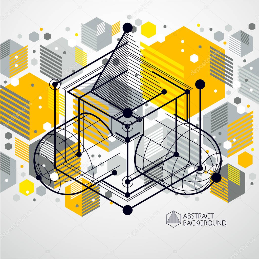 Lines and shapes abstract vector isometric 3D yellow background. Abstract scheme of engine or engineering mechanism. Layout of cubes, hexagons, squares, rectangles and different abstract elements.