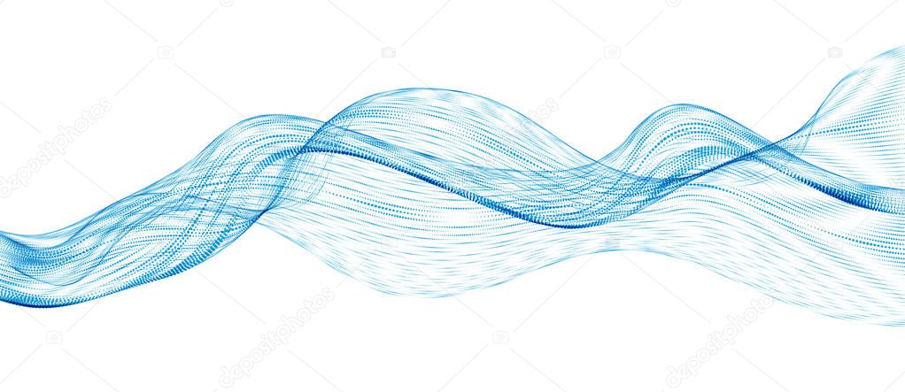 3d particles mesh array, sound wave flowing. Round points vector effect illustration. Blended mesh, 3d futuristic technology style.