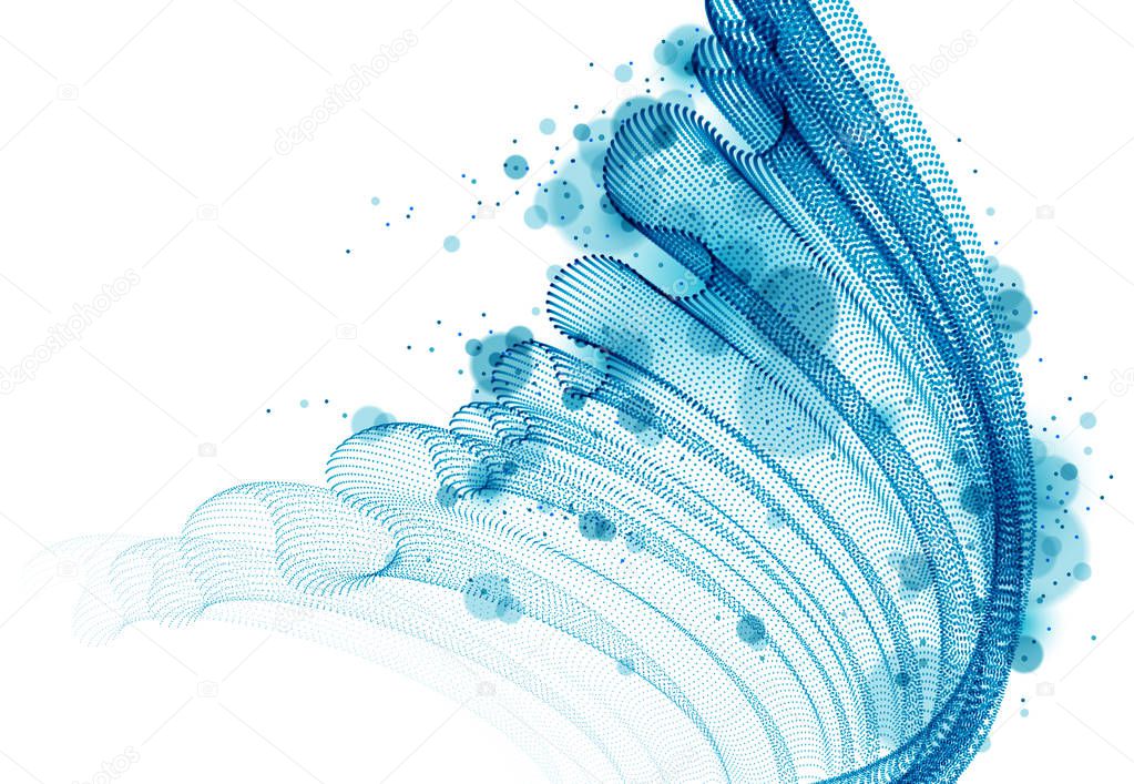 Dynamic particles wave flowing, transparent tulle textile on wind. Dotted curves vector abstract background. Beautiful 3d wave shaped array of blended points.