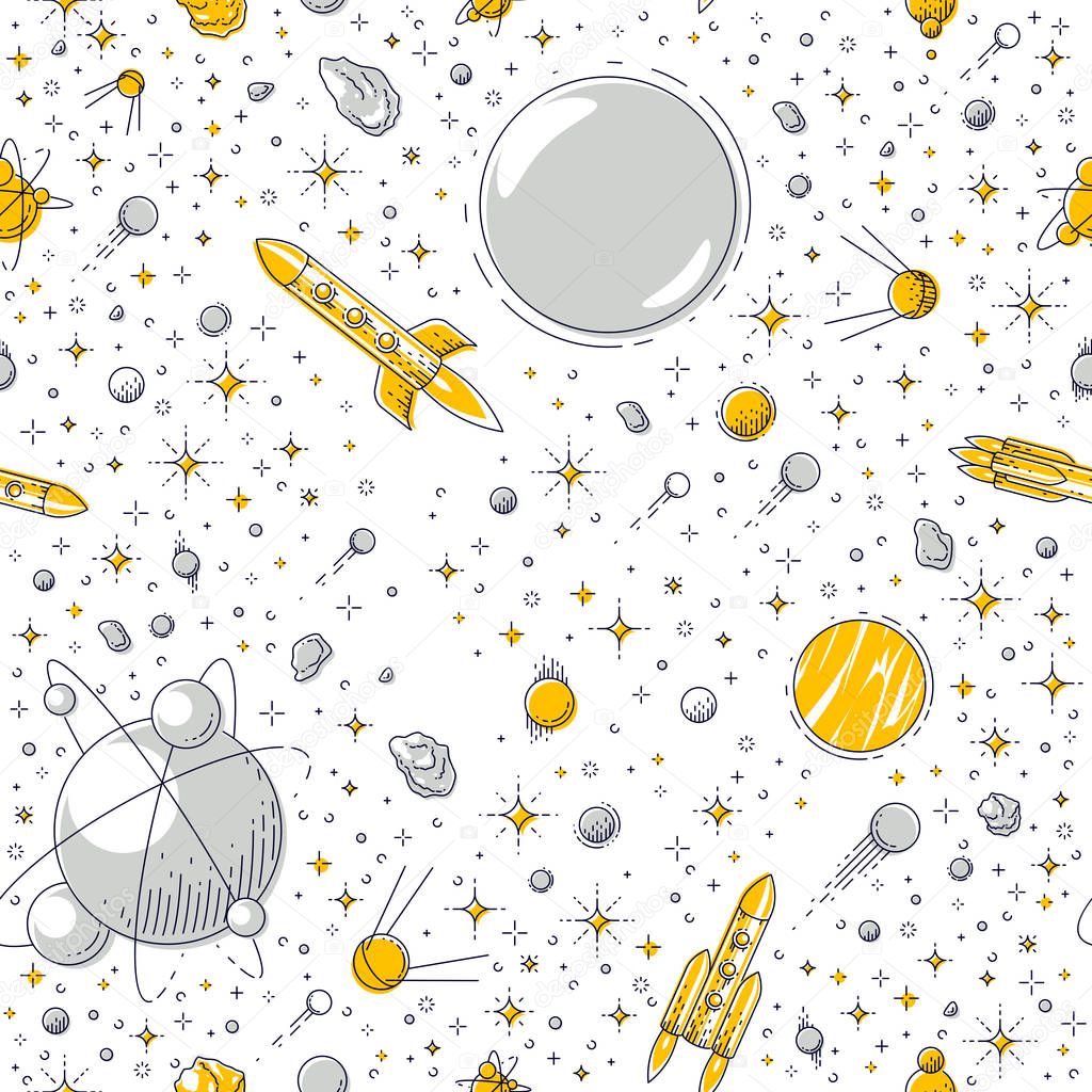 Space seamless background with rockets, planets and stars, undiscovered galaxy cosmic fantastic and interesting textile fabric for children, endless tiling pattern, vector illustration cartoon motif.