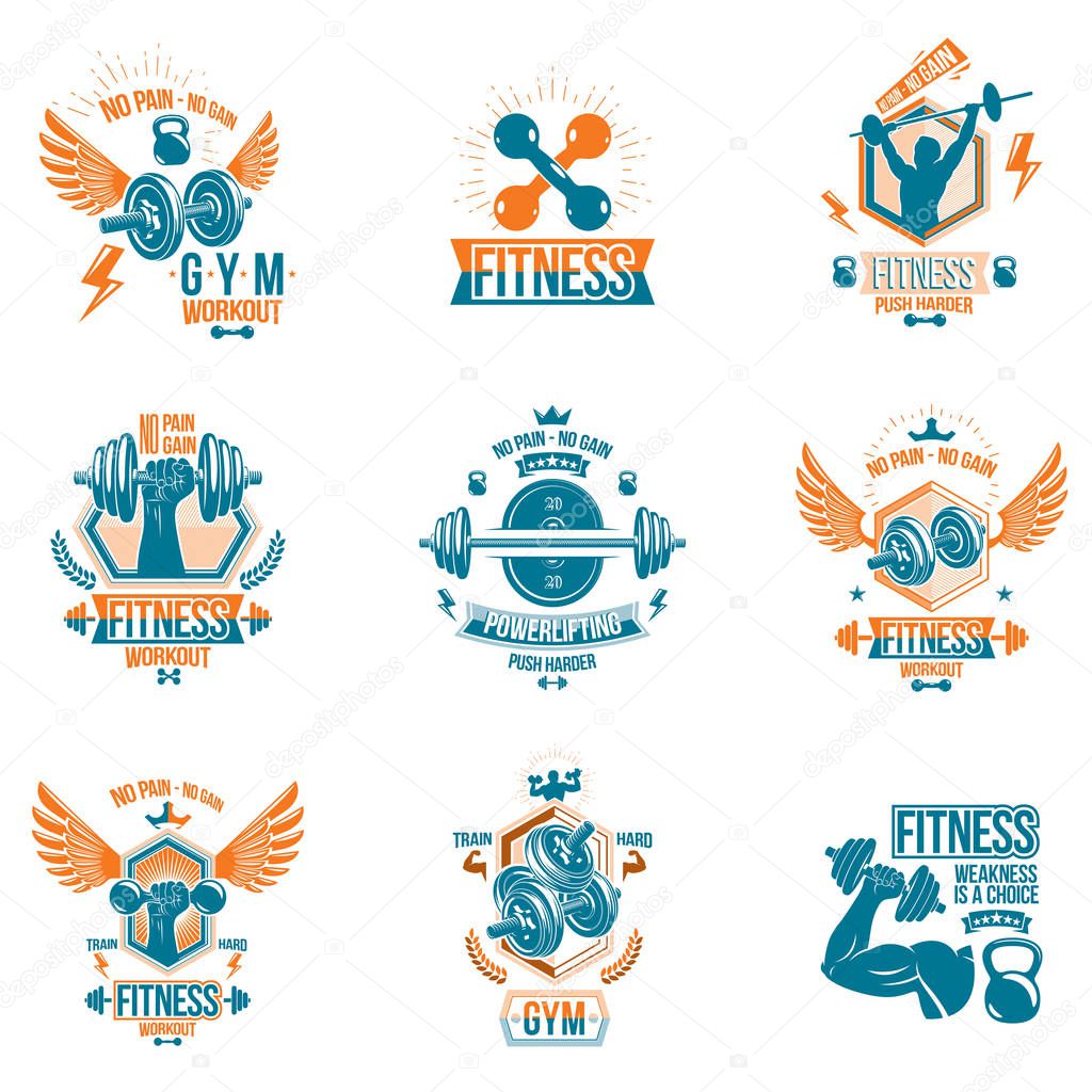 Set of vector bodybuilding theme emblems and advertising posters composed using dumbbells, barbells, kettle bells sport equipment and athlete perfect shapes.