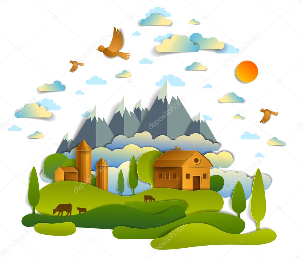 Farm in scenic landscape of fields and trees, mountains peaks and country buildings, birds and clouds in sky, cow milk ranch, countryside lazy summer time vector illustration in paper cut style.