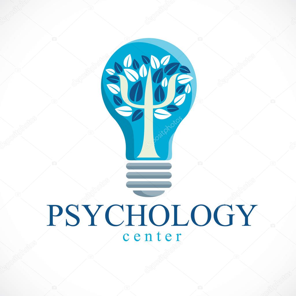 Psychology concept vector logo or icon created with Greek Psi symbol as a tree with leaves inside of idea light bulb, mental health concept, psychoanalysis analysis and psychotherapy therapy.