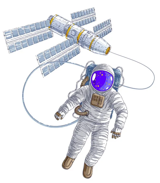 Космонавт летит в открытом космосе, соединенном с космической станцией, космосом — стоковый вектор