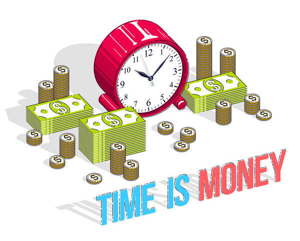 Time is Money concept, table Clock with cash money stacks and co