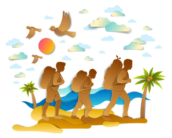 Feliz familia activa senderismo a través de la playa de mar con palmeras y el mar — Archivo Imágenes Vectoriales