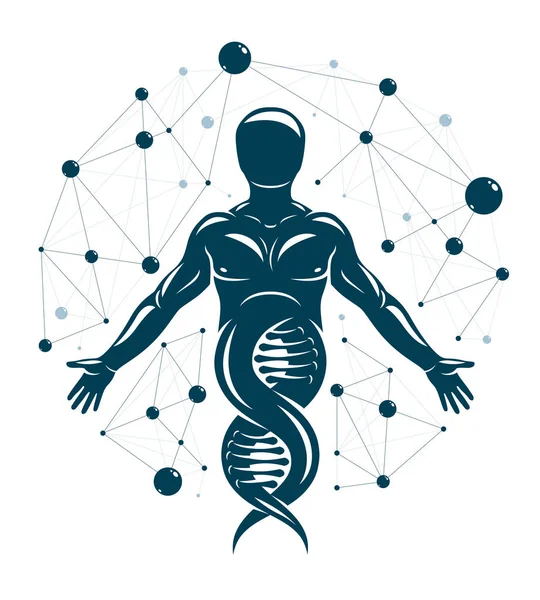 Ilustrasi vektor manusia atletik dibuat menggunakan simbol DNA dan futur - Stok Vektor