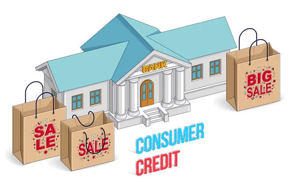 Concetto di credito al consumo, edificio bancario con sacchetti della spesa isolat — Vettoriale Stock
