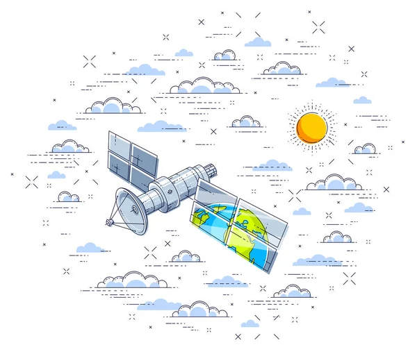 Tecnologia di comunicazione globale satellite che vola nel cloud s — Vettoriale Stock