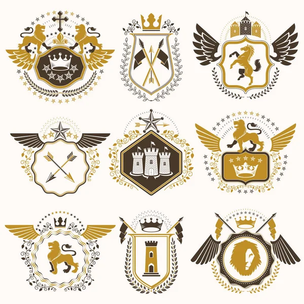 Set de elemente vectoriale de epocă, etichete heraldice stilizate în retr — Vector de stoc
