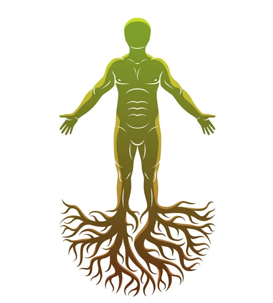 Vector athletic man made with tree roots. Celtic ancient god con — Stock Vector