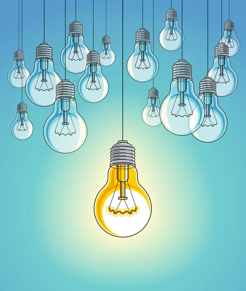Ideia conceito, pensar diferente, lâmpadas grupo vetor illustra —  Vetores de Stock