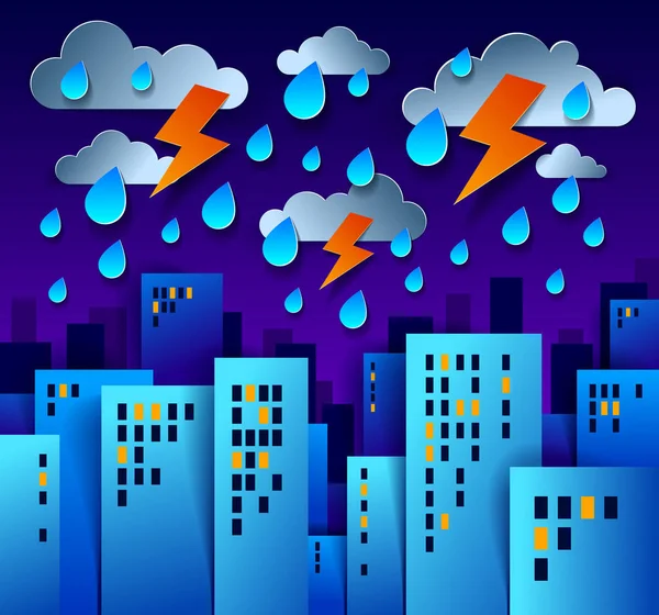 City houses buildings under thunderstorm and lightning in the ni — Stock Vector