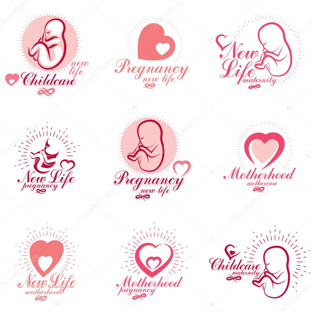 Vector embryo and newborn emblems set isolated on white. New lif