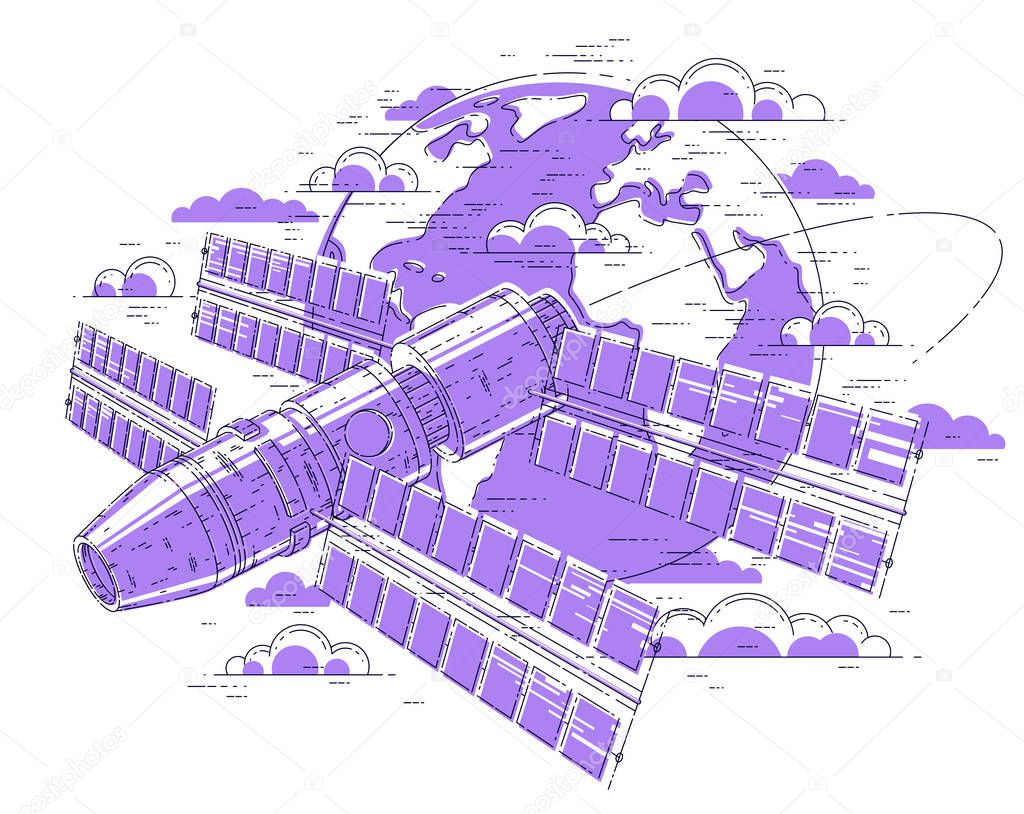 Space station flying orbital flight around earth, spacecraft spa