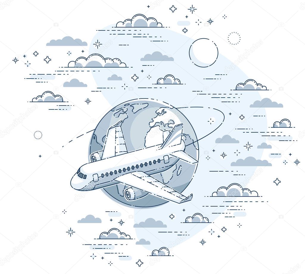 Airlines air travel illustration with plane airliner and planet 