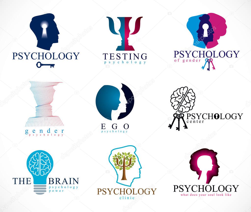 Psychology, human brain, psychoanalysis and psychotherapy, relationship and gender problems, personality and individuality, cerebral neurology, mental health. Vector icons or logos set.
