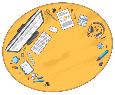 Pc bilgisayar ve çok o ahşap çalışma Resepsiyon çalışma alanı Üstten Görünüm