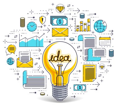 Parlayan ampul ve simgeleri, iş fikri yaratıcı konsantrasyon koymak