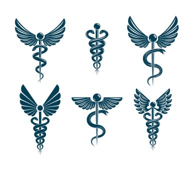 Vektör Caduceus resimler koleksiyonu kanatlı. Farmakoloji bir